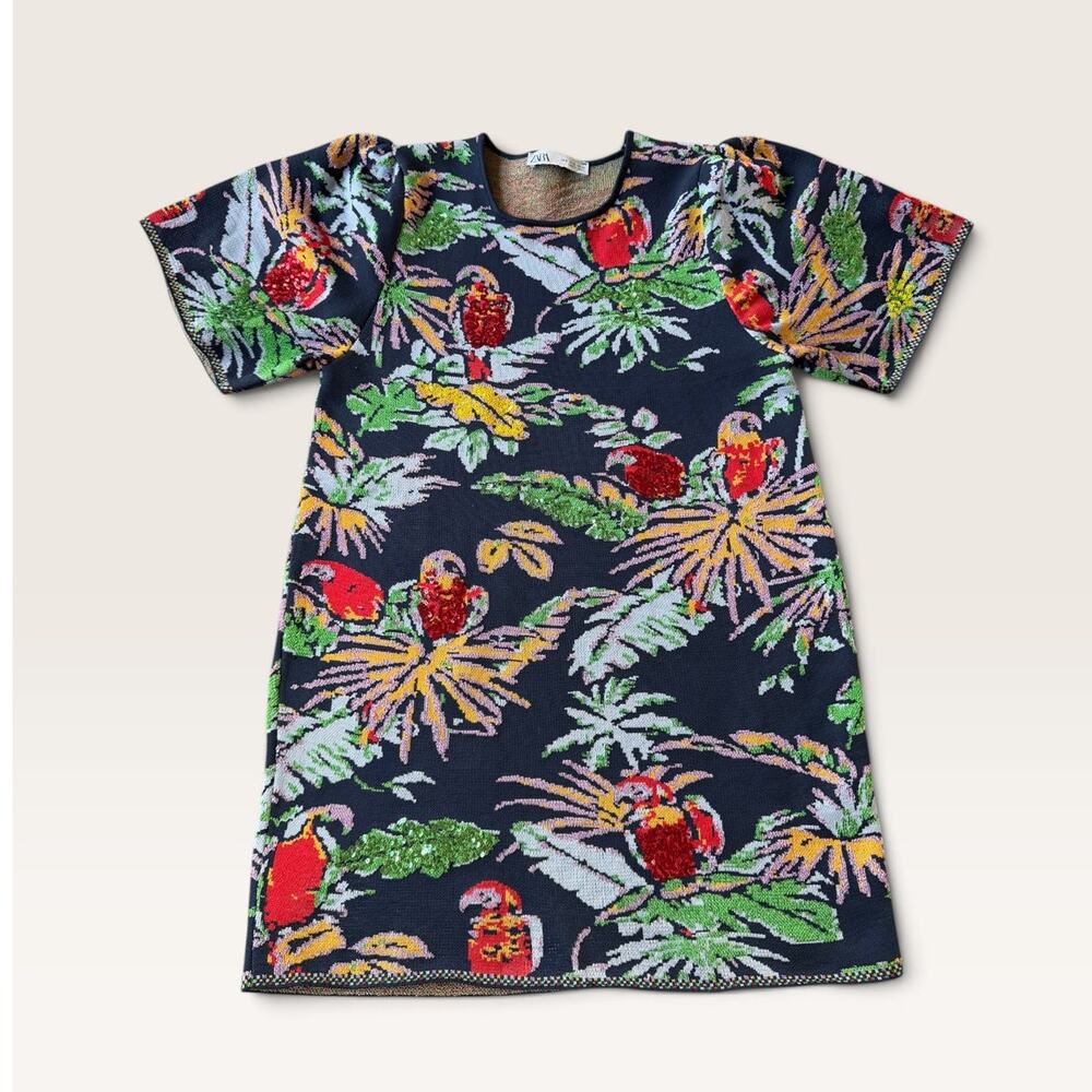 Zara Sequin Parrot Jacquard Knit Mini Dress Puff Sleeve Navy Tropical Women's S